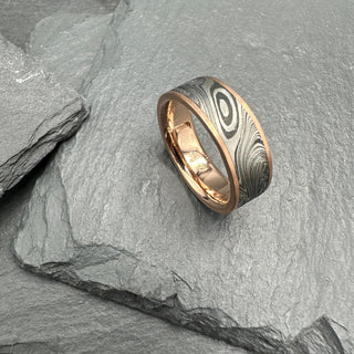 Damascus Steel Flat Ring with Rails- Kona
