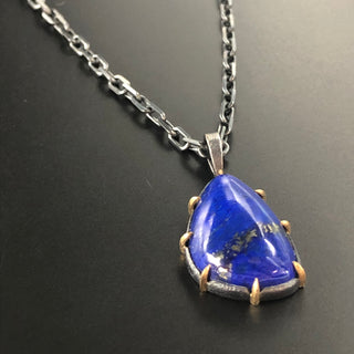 Lapis Lazuli birthstone or anniversary Pendant in oxidized sterling silver and 22 karat yellow gold