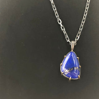 Lapis Lazuli birthstone or anniversary Pendant in oxidized sterling silver and 22 karat yellow gold